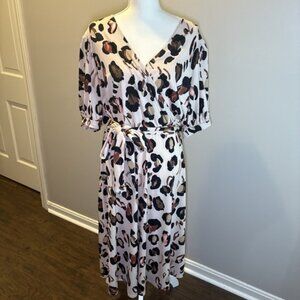 Eloquii Animal Print Midi Wrap Dress with Puff Sleeves,  Blush Brown, Black 16